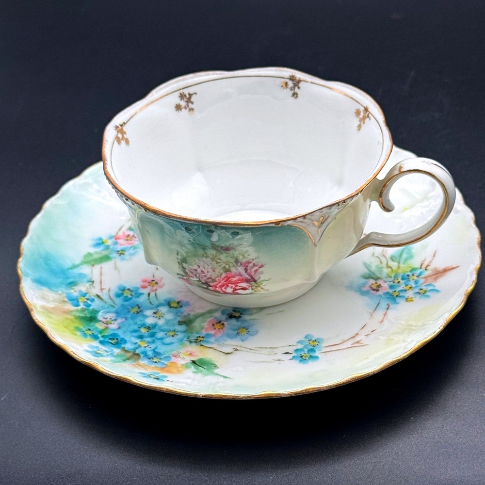 Antique Haviland Limoges Mixed Pair Tea Cup Saucer Set Floral Gold Gilt France
